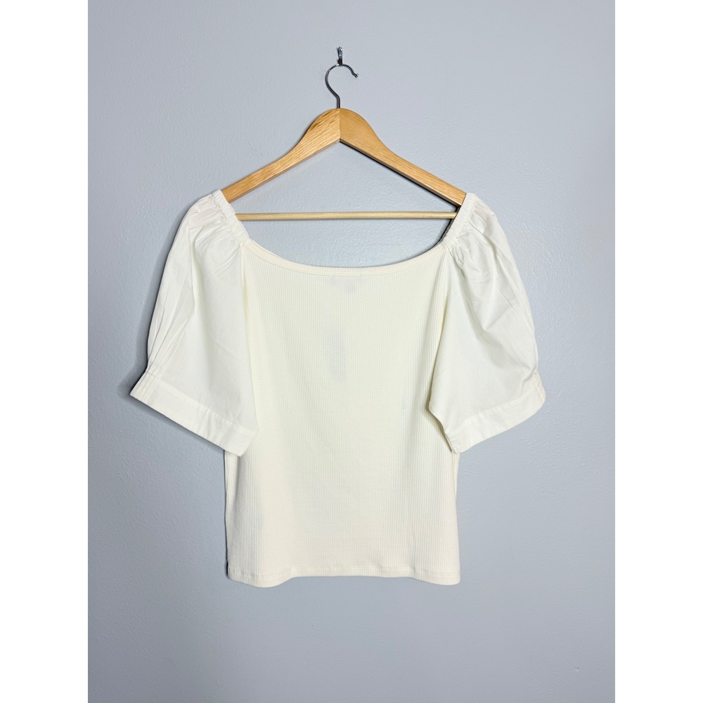 J.crew Vintage‎ rib top with cotton poplin puff sleeves XL Ivory - Picture 5 of 6